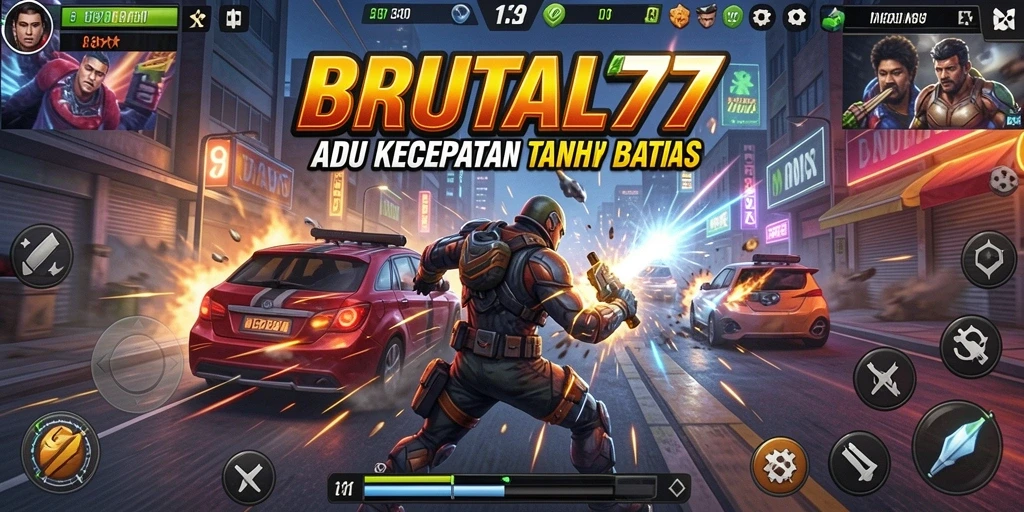Screenshot gameplay BRUTAL77 menampilkan aksi balap yang intens.