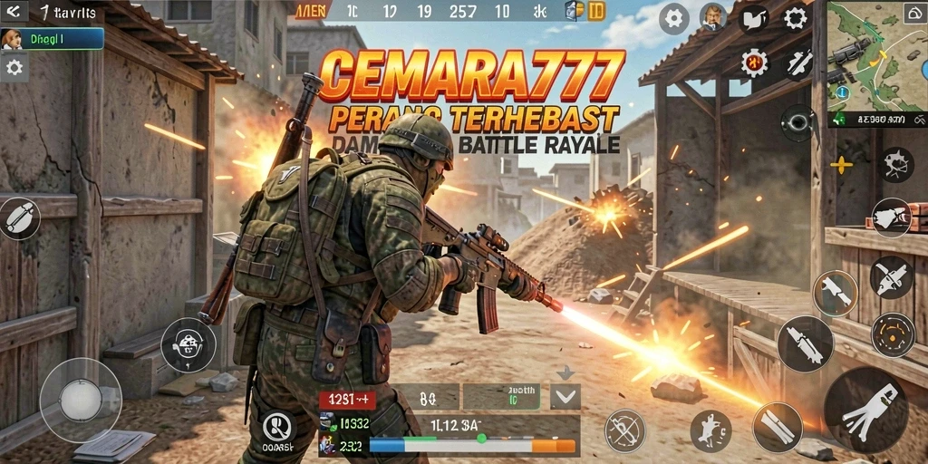 Tampilan gameplay seru dalam CEMARA777 saat pemain bertarung di arena Battle Royale.