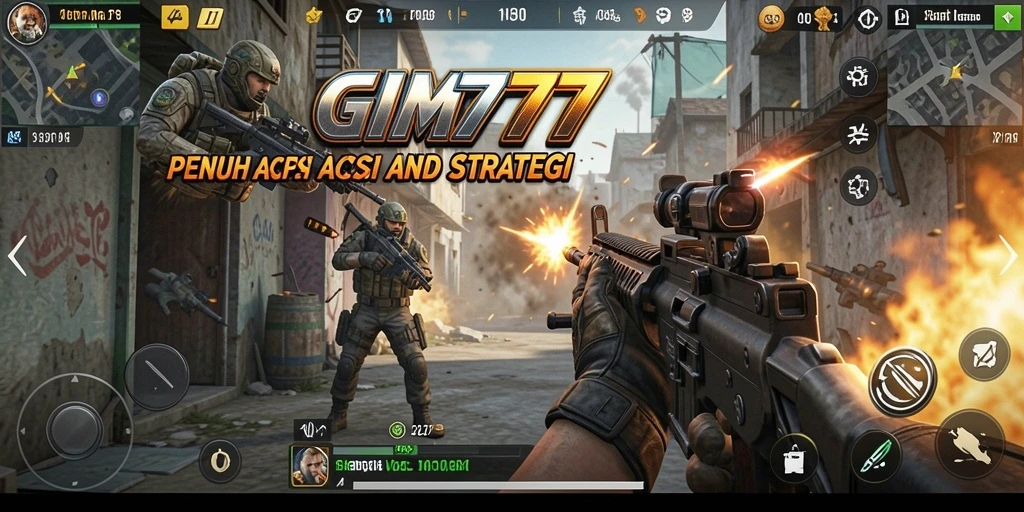 Tangkapan layar utama GIM777 menampilkan aksi gameplay FPS yang intens.