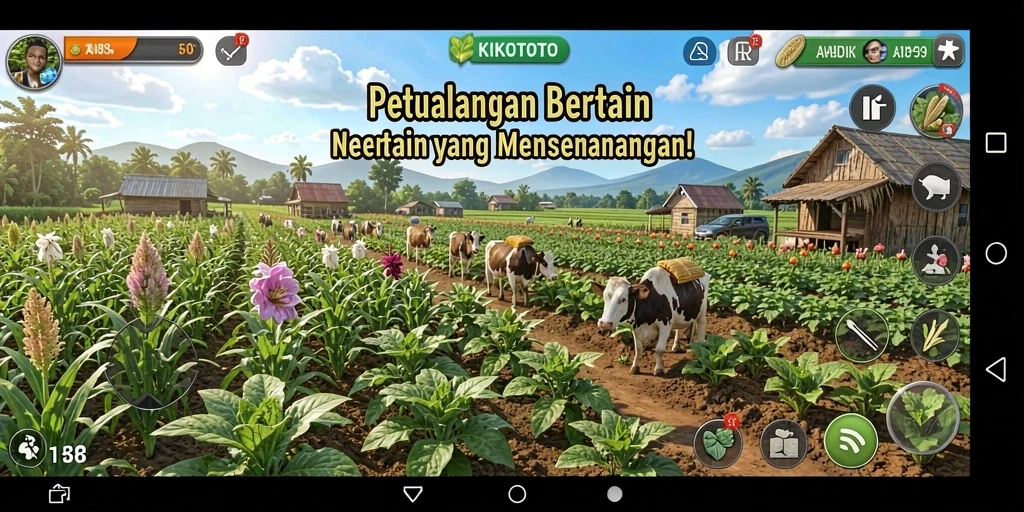 Tampilan gameplay KIKOTOTO dengan kebun yang subur dan beragam tanaman.