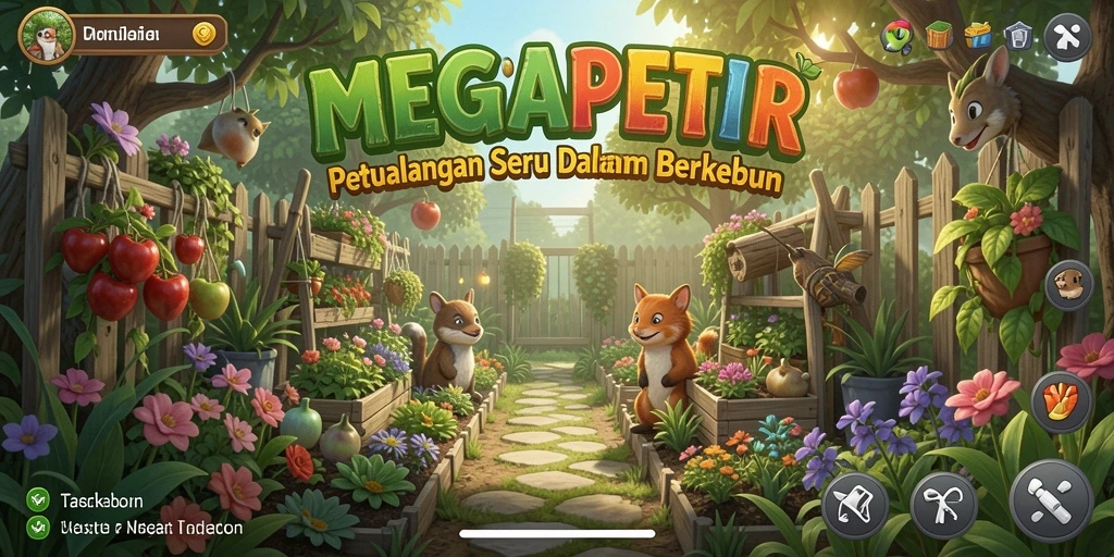 Tampilan gameplay menarik di MEGAPETIR dengan berbagai tanaman dan hewan.