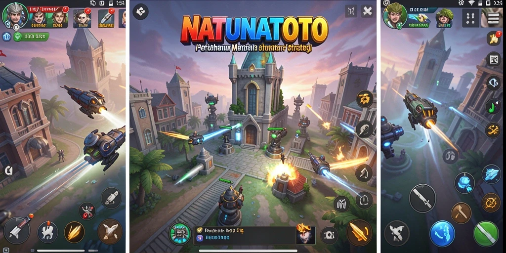 Screenshot gameplay NATUNATOTO dengan menara dan musuh yang beraksi.