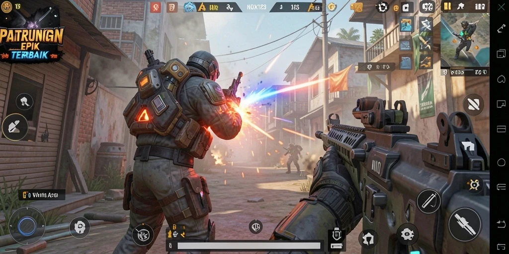 Screenshot menampilkan pertempuran seru dalam gameplay FPS NOX123.