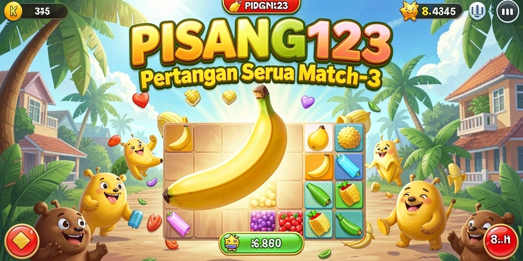 Tangkapan layar gameplay PISANG123 menampilkan kombinasi warna-warni dalam aksi Match-3.