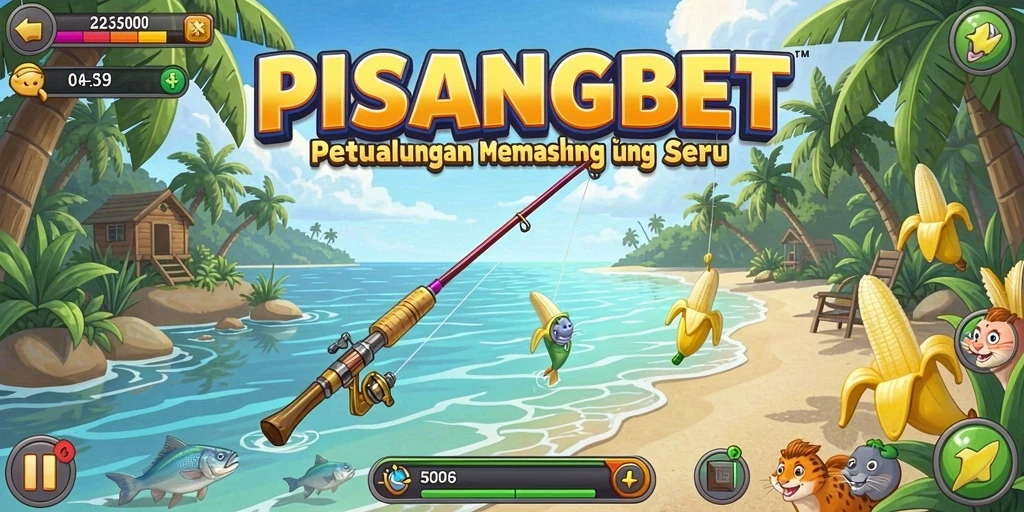Gameplay PISANGBET yang menampilkan aksi memancing di danau yang indah.