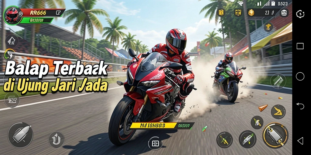 Gameplay seru RR666 dengan balapan motor yang mendebarkan.