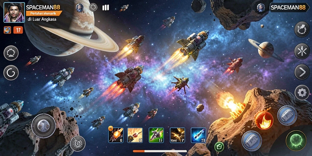 Tampilan gameplay menarik dari SPACEMAN88 dengan menara yang berfungsi melawan musuh.
