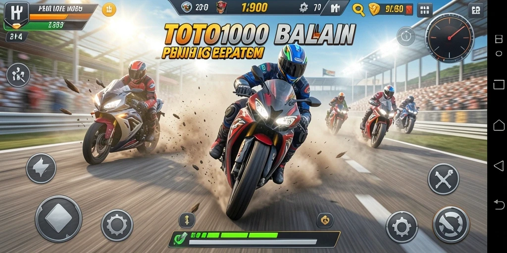 Screenshot gameplay TOTO1000 menampilkan balapan motor yang seru di trek yang menantang.