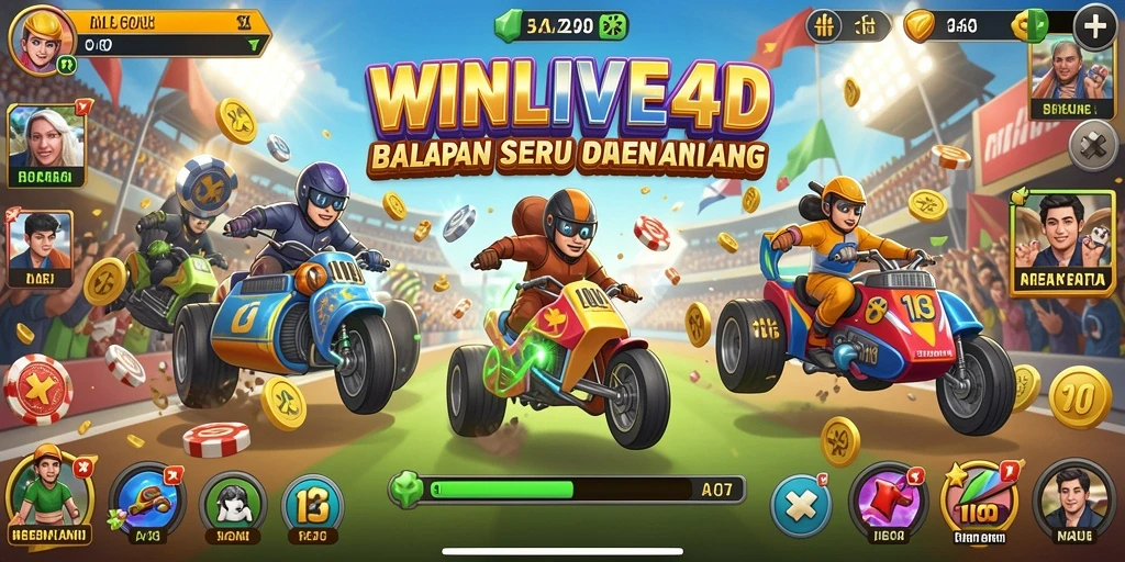 Tampilan gameplay seru di WINLIVE4D dengan mobil balap yang kencang.